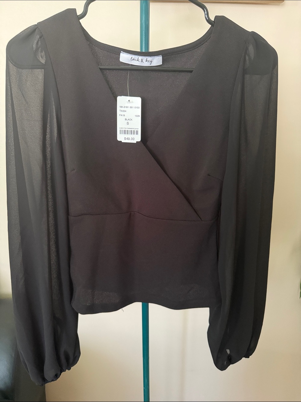 Black Sheer Long-Sleeve Wrap Blouse